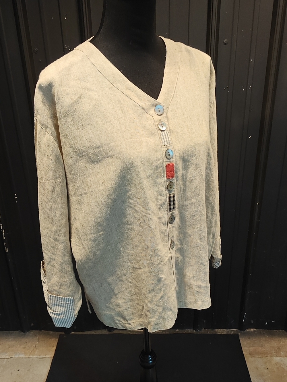 Linen V-Neck Button Front Women's Top in Natural